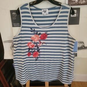 Striped Floral Embroidered Tank Top By Anthropologie